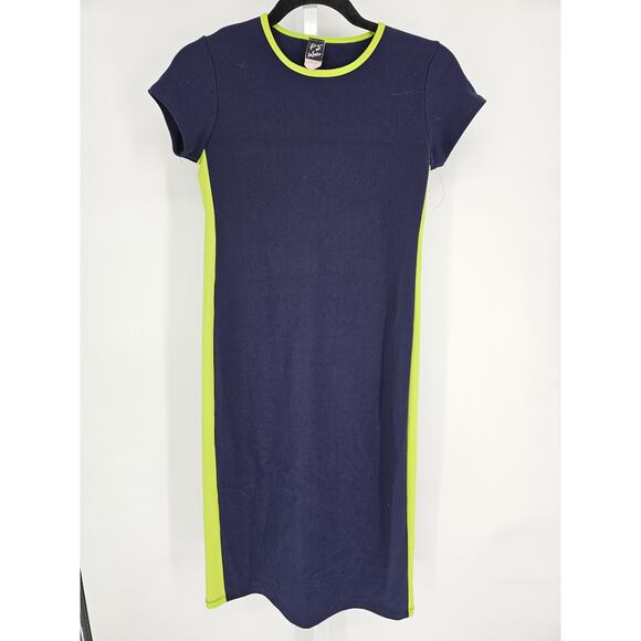PS PerSeption Women's Round Neck Short Sleeve Navy Lime Midi Dress Size M - Picture 1 of 5
